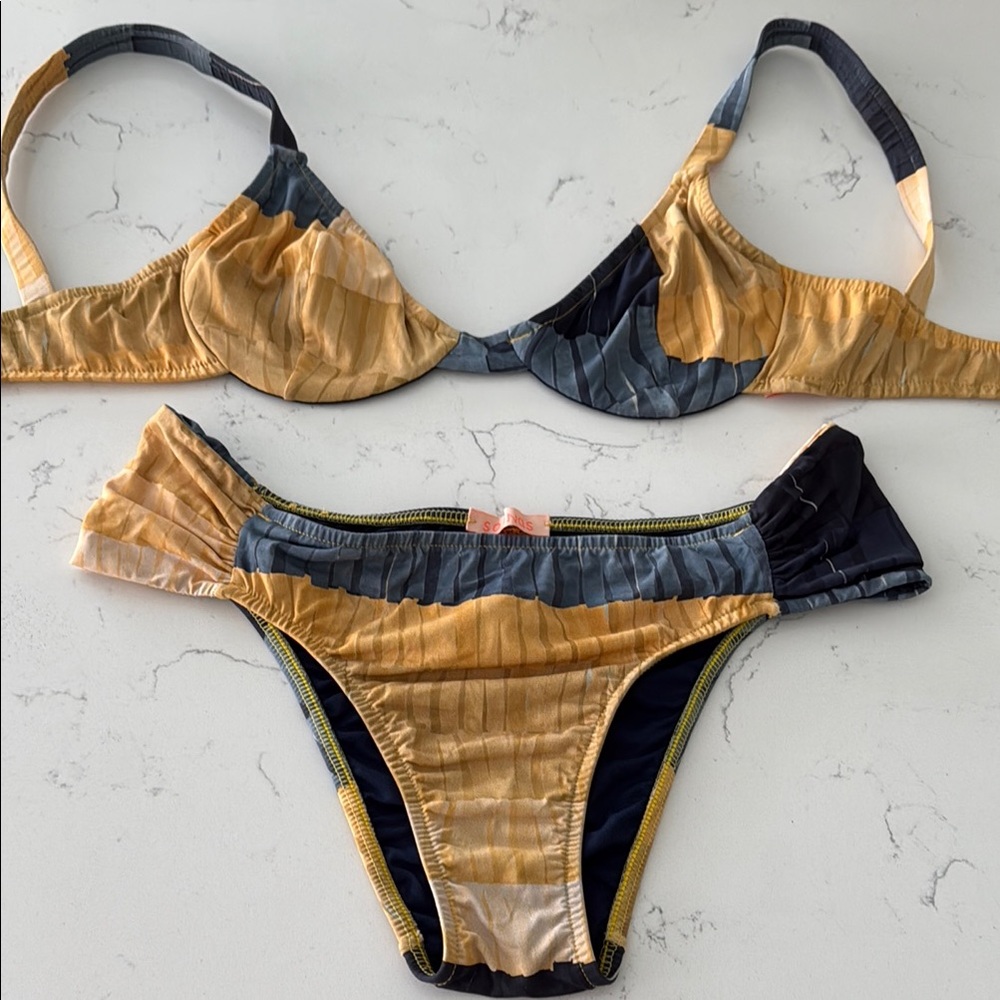BRAZILIAN BIKINI SALINAS Gold yellow and Blue Set top bottom S M Rio Brazil